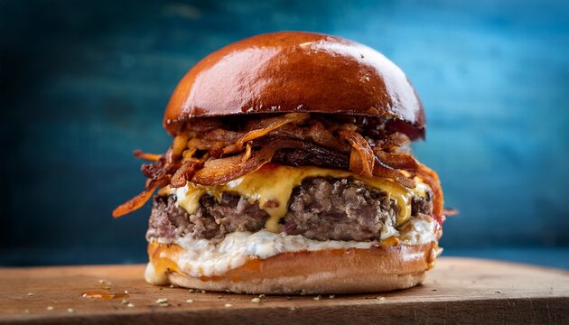 close up of a double smash burger featuring caramelized onion highlighting the delicious layers and textures of this mouthwatering double smash burger indulge in the flavors of this double smash
