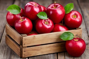 Fresh red apples overflowing from wooden crate on rustic table