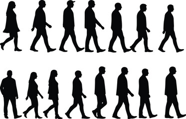 Set of walking human silhouettes, diverse individuals, male and female, various gaits and styles, isolated black figures on a white background, flat vector illustration