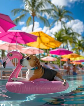 Beagle Dog with Sunglasses Relaxing on Pink Flamingo Float in Outdoor Swimming Pool Surrounded by Sun Umbrellas