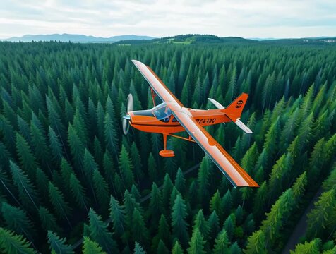 Оrange airplane captured from above fly over a dense green forest, showcasing nature beauty of the landscape video