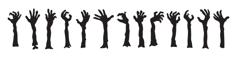 Fototapeta premium Zombie hands silhouettes. Halloween decor. Set doodle zombie hand