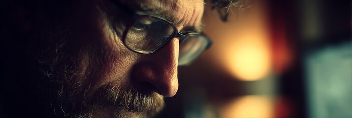 Creative Professional with Glasses Deep in Thought, Bathed in Soft Colors, Inspiring Insights