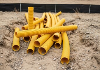 Yellow corrugated plastic pipe conduit for electrical construction material laid on the ground
