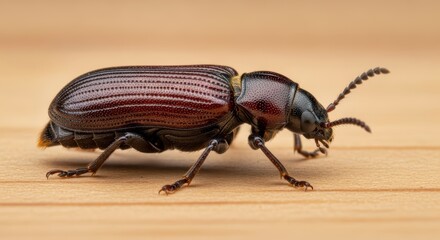 Fototapeta premium Close-up of a darkling beetle on wooden surface with detailed texture and patterns