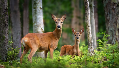 mother and baby roe deer in the forest among the trees