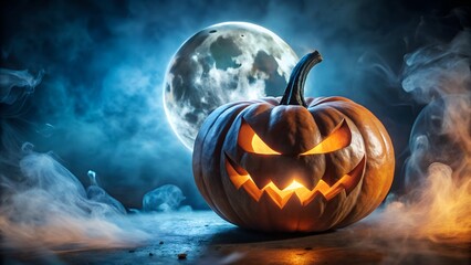 Closeup of a menacing carved pumpkin jackolantern glowing intensely against a dramatic night sky with a full moon and swirling smoke