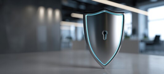The Shield Lock Floating in a Modern Office Environment Symbolizing Cybersecurity and Data Protection