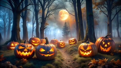 Enchanting halloween night scene with glowing jackolanterns lining a forest path under a full moon and misty sky