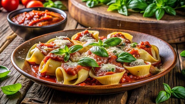 Strigoli Ripieni &ndash; stuffed pasta, tomato sauce, basil garnish, parmesan, rustic Italian dining style