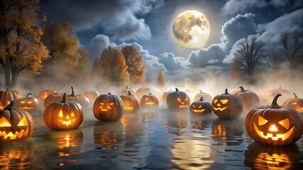A field of glowing carved pumpkins under a full moon on a foggy halloween night