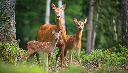 Fototapeta premium mother and baby roe deer in the forest among the trees