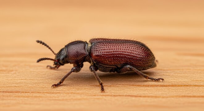 Close-up of a red flour beetle on wooden surface