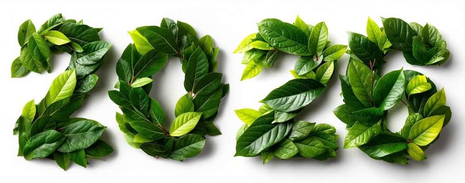 Arranged Fresh Lush Green Leaves Forming Happy New Year 2026 on a White Background environmental and eco friendly design video