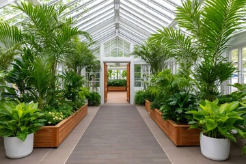Fototapeta premium Lush greenhouse interior with tropical plants flourishing in wooden planters
