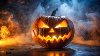Obraz premium A scary, glowing jackolantern pumpkin with carved features sits in the dark, surrounded by fire and smoke