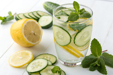 Fototapeta premium A glass of infused water with cucumber, lemon, and mint—clean white background.&nbsp;