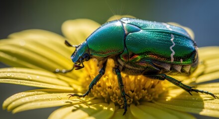 Fototapeta premium Vibrant green beetle on yellow flower with dew in nature close-up