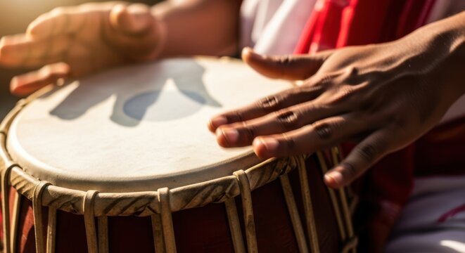 Hands playing a traditional Indian drum outdoors