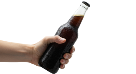 Hand holding cold beer bottle png isolated on transparent background