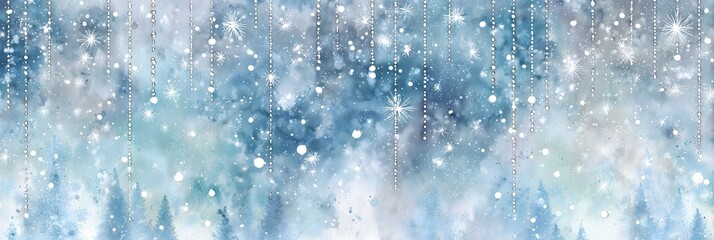 Obraz premium Winter Watercolor Banner with Frosty Texture, Snowflakes, Stars and Icicles