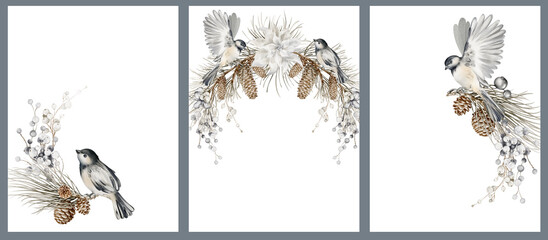 Set of vertical winter card and poster templates with pine branches, berries, cones, birds, and mistletoe in gray and silver tones. Botanical and holiday elements for seasonal design and print. © Elena