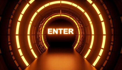 Illuminated Tunnel with "ENTER" Sign, Futuristic Design, Warm Lighting, and Perspective
