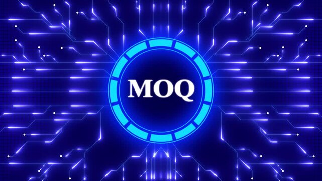 MOQ &ndash; Minimum Order Quantity. MOQ concept head up display (HUD UI) panel and futuristic technology. Digital Data moving on Circuit Board and CPU . Computer Processing and organizing data.