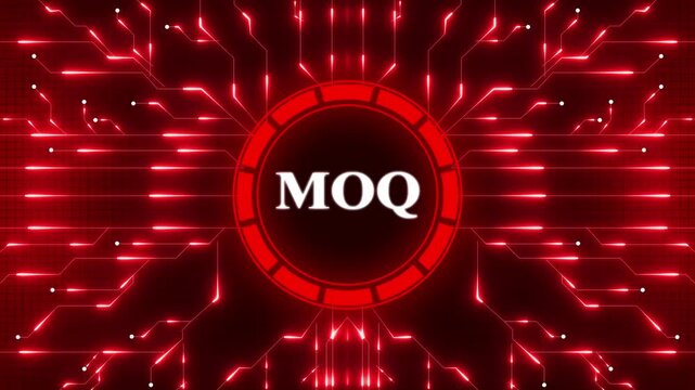 MOQ &ndash; Minimum Order Quantity. MOQ concept head up display (HUD UI) panel and futuristic technology. Digital Data moving on Circuit Board and CPU . Computer Processing and organizing data.