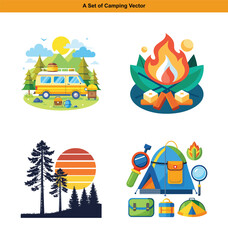 Naklejka premium Camping Vector Illustration Set, a whimsical compilation of outdoor camping graphics