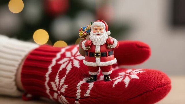 Child's hand in a mitten holding a toy Santa Claus figurine during Christmas celebration