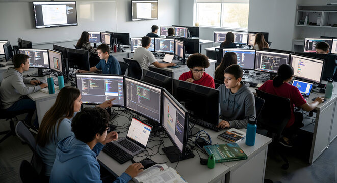 A busy classroom filled with high school students of various ethnicities and genders, all engaged in collaborative and individual computer coding work