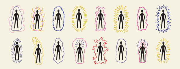 Set of human silhouettes with colorful auras in various line styles, esoteric mystical design, hand drawn © Yanka