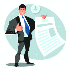 A successful businessman presents a business plan. Cartoon vector