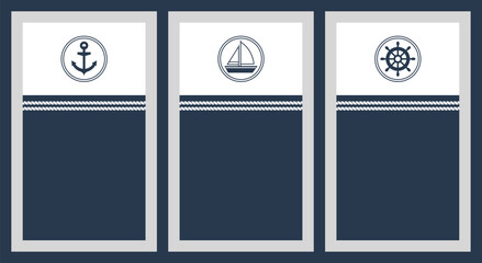 Set mit drei maritimen Vektorgrafiken mit Schiff, Anker und Steuerrad. Freier Platz für Text. Vorlagen für Einladungen, Grußkarten, Social Media Posts, Cover, Flyer und Werbung. © Artlanes
