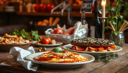 Obraz premium Italian food background with food, dramatic atmosphere. White tone