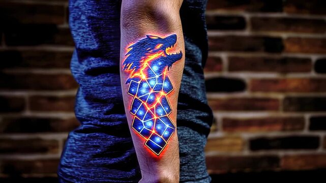 Vibrant dragon tattoo glowing on a man's forearm against a brick background