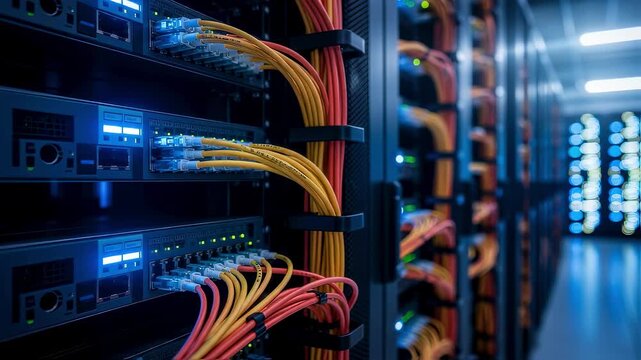 Detail of cables and servers in a parallel row setup within an enterprise data center.