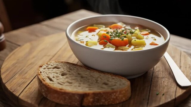 Hot vegetable soup with fresh herbs and crusty bread on a wooden table whets the appetite for a delicious lunch.