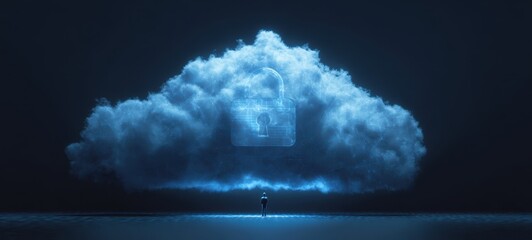 The Cloud of Digital Security with Glowing Padlock Over a Small Silhouette