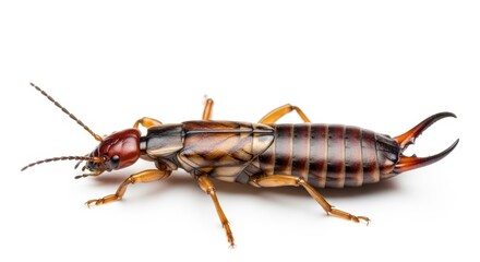 Close-up of a common earwig on white background with distinctive pincers