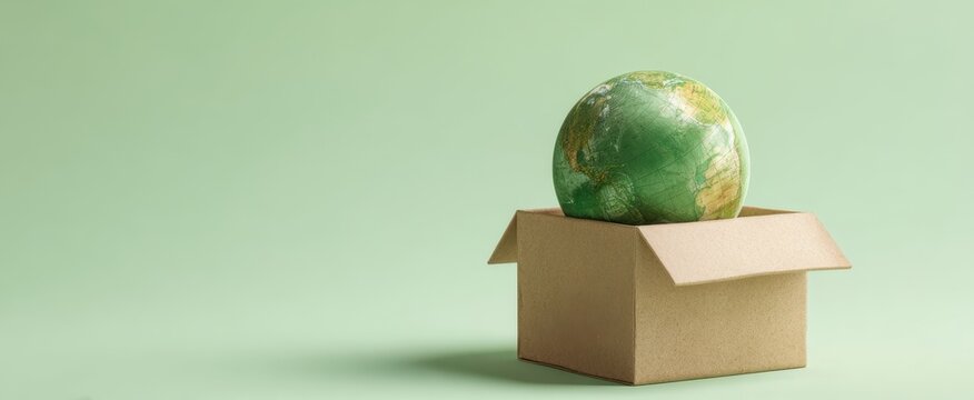 The globe in an open cardboard box on a pastel green background