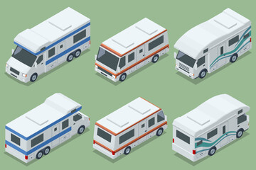 An isometric set of different camper trailers and caravans, ideal for a variety of summer vacations and road trip adventures.