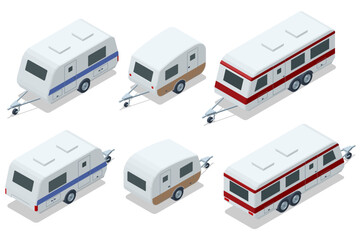 An isometric set of various camper vans, Camper trailer a towable mobile home equipped with sleeping, cooking, and storage facilities, designed for travel and outdoor camping