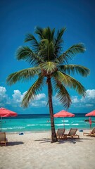 Obraz premium Tropical beach scene with a palm tree, sun loungers, and red umbrellas by the turquoise ocean under a clear blue sky