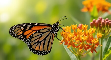 Obraz premium Monarch butterfly on bright orange flowers in sunlit garden