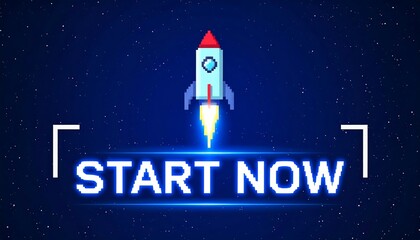 Pixel Art Rocket Launching Start Now Message
