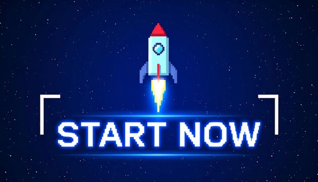 Pixel Art Rocket Launching Start Now Message