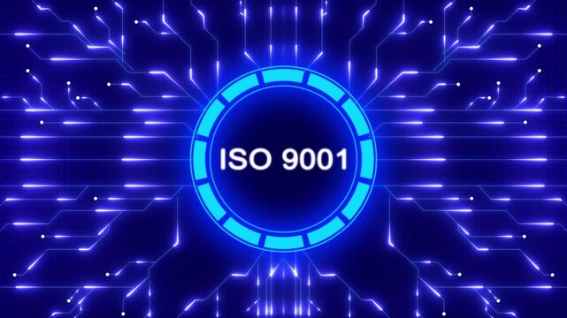 Dynamic blue futuristic design highlighting iso 9001 certification standards