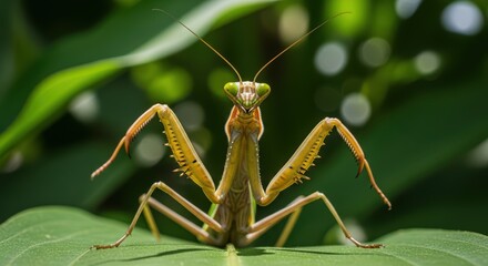 Close-up of praying mantis on leaf with blurred green background